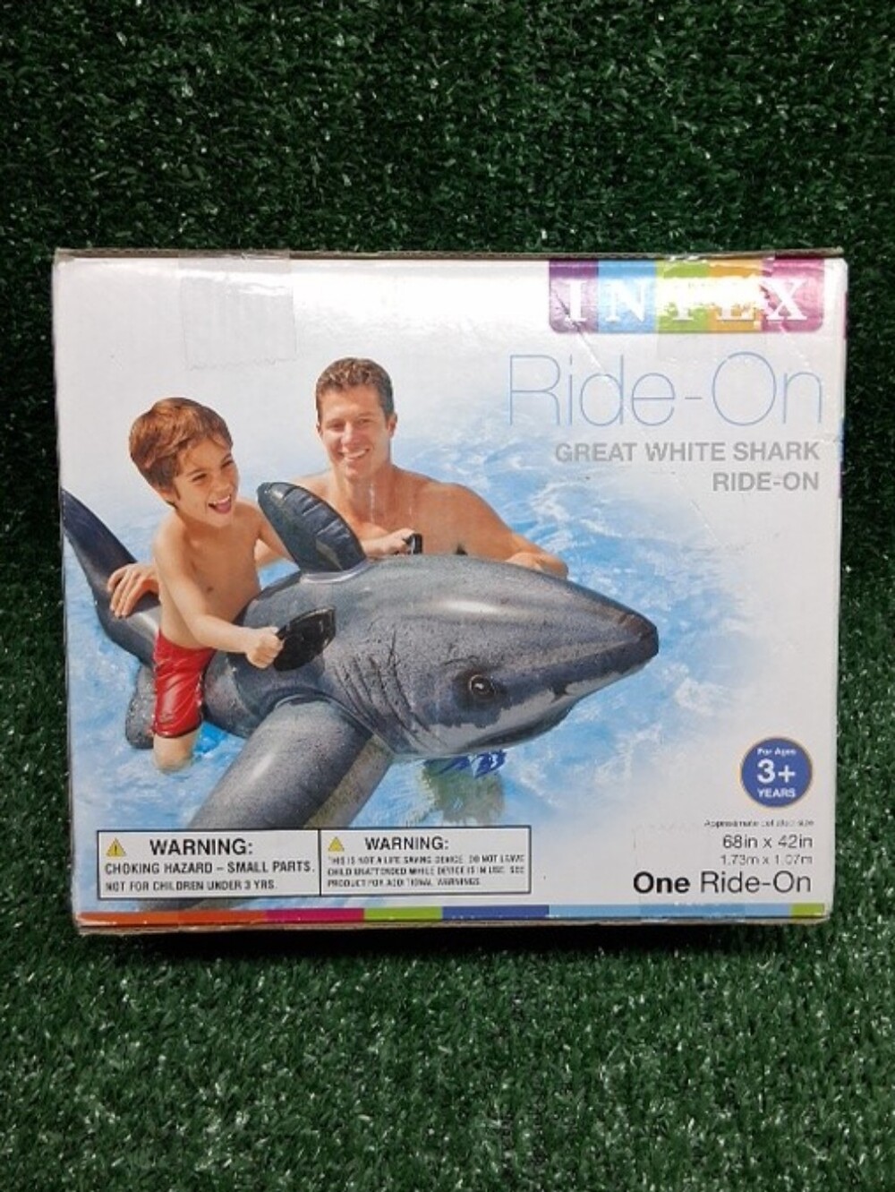 Intex Great White Shark Ride-On w/ heavy-duty grab handles, 68"X42", for Ages 3+